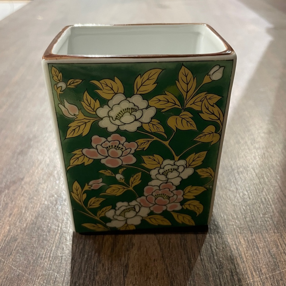 Vintage Ryu Ho Ryuho Authentic Hand Painted Chopstick Holder Floral Green Design